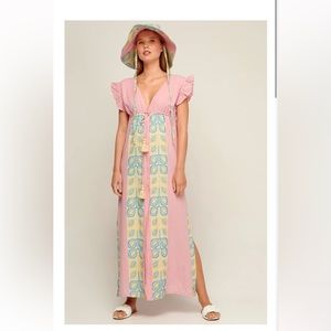 NWT Pearl & Caviar Lefkes Maxi Dress - Greece- Pink sleeveless w/ tassel, ruffle